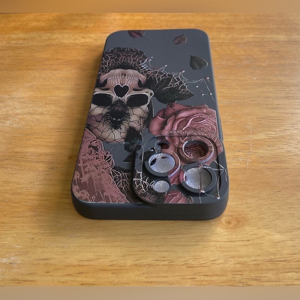 Black Skull and Flower Phone Case Available for iPhone 13 & iPhone 15 Pro Max - Picture 3 of 5